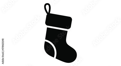 Simple black silhouette of a christmas stocking with a white cuff and heel detail