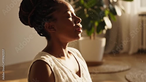 Meditative African American Woman Breathing Deeply in a Bright Room with Indoor Plant in Background and Natural Light on Wooden Floor Wearing Casual Beige Clothing