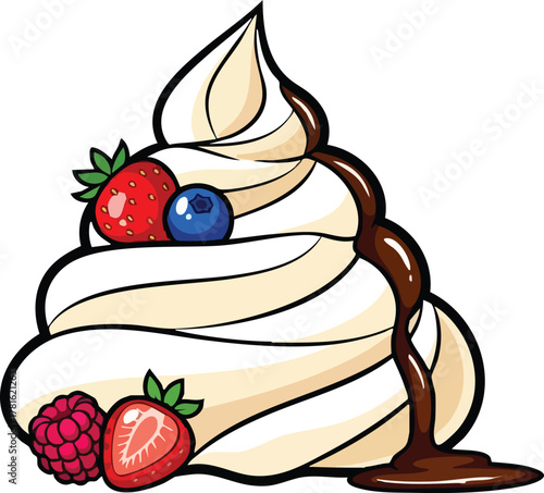 Creamy Soft Serve Ice Cream Swirl Topped With Fresh Berries And Drizzled With Chocolate Sauce