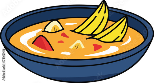 Pixel Art Bowl Of Fruit Soup With Banana Slices And Red Chunks In Yellow Broth With Dark Blue Rim