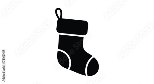 Simple black silhouette of a traditional christmas stocking with a hanging loop and white trim detail