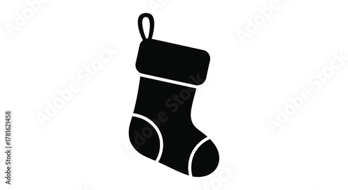 Simple black silhouette of a traditional christmas stocking with a hanging loop and white trim