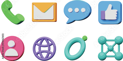Colorful 3D social media and communication icon set including phone, email, chat, like, user, globe, network, connection symbols