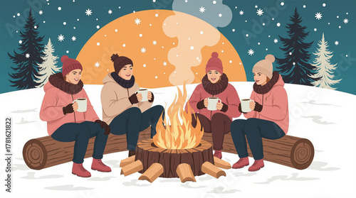 Friends gathered around a campfire in a snowy forest