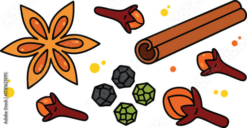 Anise Star Cinnamon Stick Cloves And Peppercorns Aromatic Spices Scattered On A Light Background With Yellow Dots