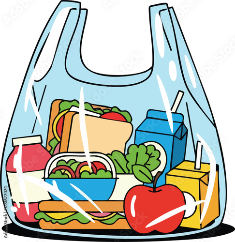 Plastic grocery bag filled with lunch items including sandwiches salad juice box apple and jar of jelly on a white background