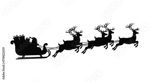 Classic christmas santa claus sleigh pulled by reindeer in a black silhouette against a white background