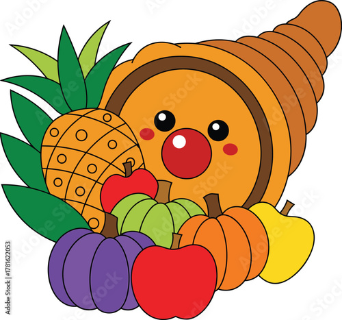 Cute cartoon cornucopia with kawaii fruits and vegetables, colorful harvest illustration, thanksgiving symbol, autumn abundance concept, festive seasonal design