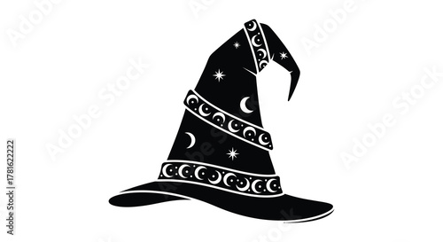 Mystical black witch hat with celestial moon and star patterns silhouette