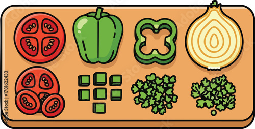 Pixel Art Sliced Tomatoes Green Bell Pepper Onion and Parsley on Wooden Cutting Board