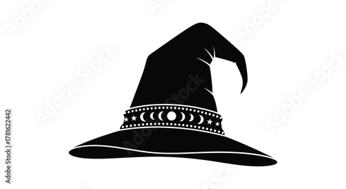 A classic black witch hat with a decorative band featuring moon phases and celestial symbols silhouette