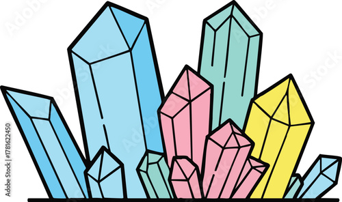Cluster Of Light Blue Pink Yellow And Teal Crystal Formations With Black Outline On White Background