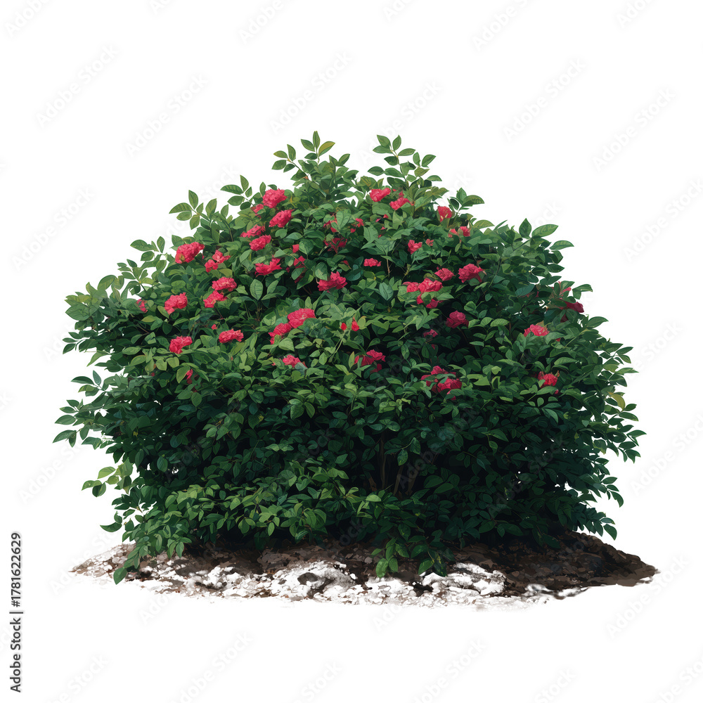 Naklejka premium A vibrant bush with red flowers and lush green foliage, showcasing natural beauty and life