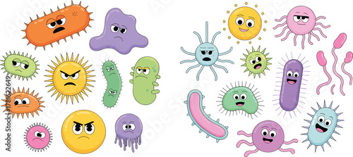 Cute colorful bacteria and virus cartoon characters illustration, funny germs and microbes with expressions, science biology education concept background