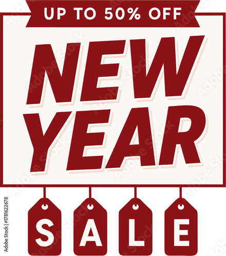 New Year Sale banner with up to 50% off discount promotion, featuring red and white design with hanging tags.