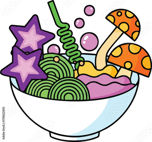 Whimsical Bowl Of Noodles With Colorful Star Shaped Garnish And Mushroom Toppings On White Background