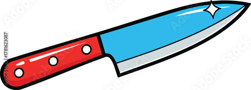 Sharp Kitchen Knife With Blue Blade And Red Handle Isolated On White