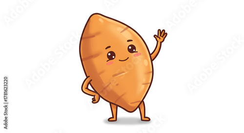 Cute Cartoon Sweet Potato Character Waving Hello.