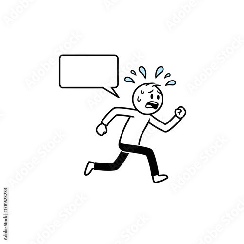 Stick figure man running in panic with speech bubble. Suitable for stress or emergency communication concept.