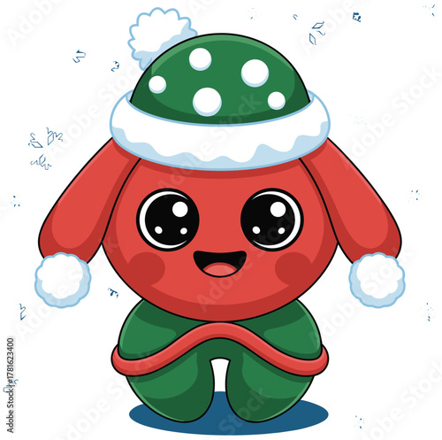 Cute red winter cartoon character wearing green hat and mittens surrounded by snowflakes, adorable Christmas holiday illustration for kids design