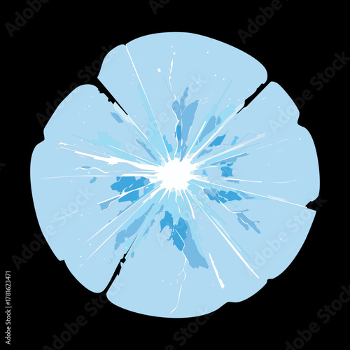 Close-Up View of a Circular Broken Glass Texture on a Black Background for Destructive Overlay Effects