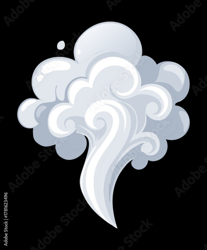 Stylized White Smoke or Steam Cloud Illustration in a Dynamic Swirling Shape, Isolated on Black
