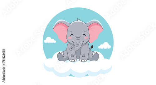 Cute baby elephant with big pink ears, smiling happily while sitting on soft white clouds against a cheerful blue sky.