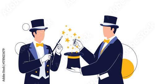 Magicians in top hats and tuxedos conjuring a spectacle of glittering stars from a black top hat, symbolizing magic and illusion.