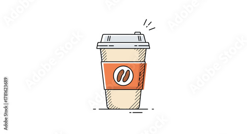 A vibrant, hand-drawn illustration depicting a hot coffee beverage in a disposable cup with a lid and a coffee bean emblem on the sleeve.