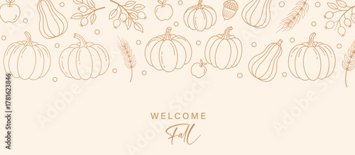 Autumn Fall Harvest Banner with Hand Drawn Line Art Pumpkin Gourd Berry and Wheat