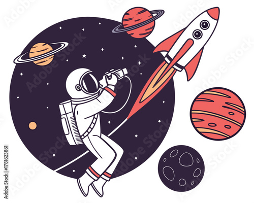 Astronaut in space with rocket and planets