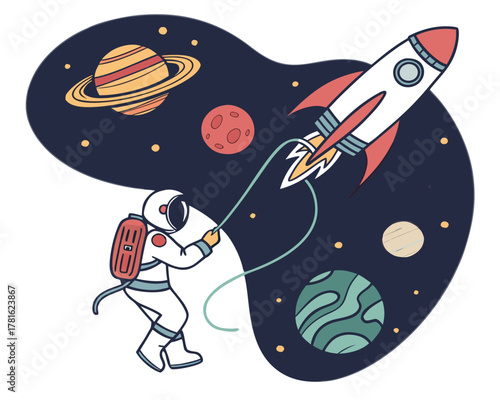 Astronaut launching a rocket into space with planets and stars around it