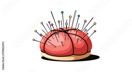 A classic red pincushion, meticulously filled with an assortment of colorful sewing pins and one needle, presented as a clear cartoon illustration.