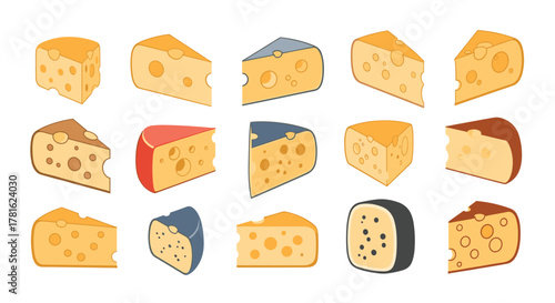 Various stylized cheese pieces, including wedges and blocks with different rinds and characteristic holes, arranged on a white background.