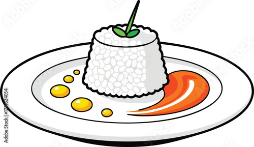 White Rice Pilaf Served on a White Plate with Orange Sauce and Yellow Garnish