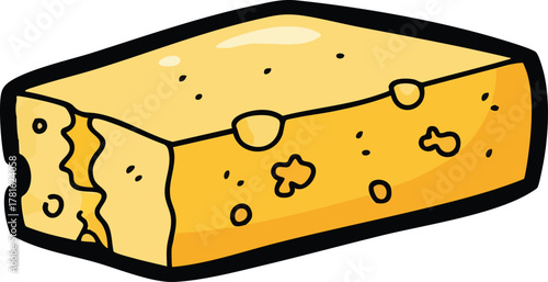 A Simple Cartoon Representation of a Block of Yellow Cheese With Holes and a Bite Taken Out
