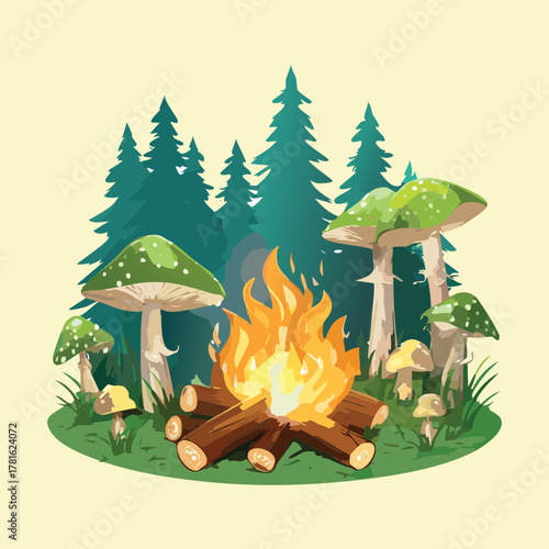 Illustration of a rustic glowing campfire burning peacefully in an enchanted fairy-tale forest environment surrounded by tall trees and green mushrooms
