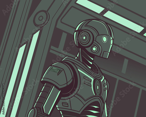 Futuristic robot standing in a spaceship corridor with lights above him