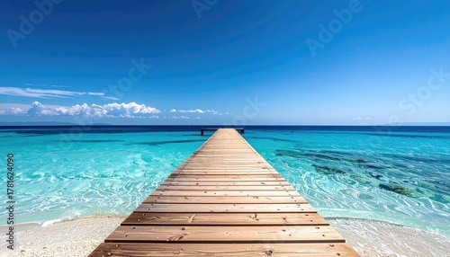 Wooden Boardwalk Leads To Turquoise Ocean Water Under A Clear Blue Sky With Gentle Waves And White Clouds In The Distance
