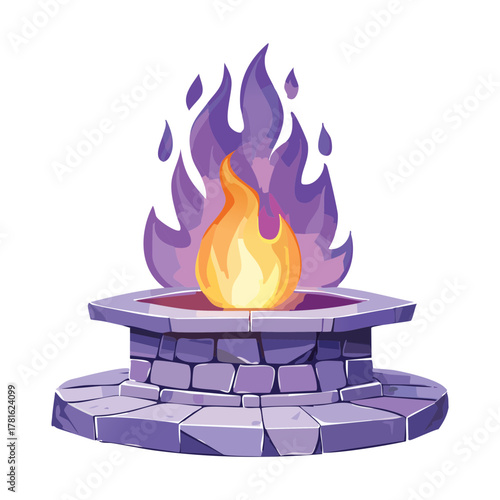 Illustration of a mystical purple and yellow flame rising from a wooden campfire inside an ancient decorative stone brazier or altar on dark ground