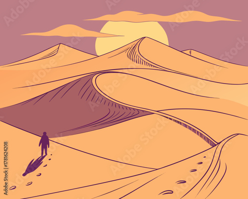 Man walking alone in vast desert landscape at sunset with footprints