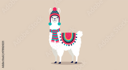 A cute white llama wearing a festive winter hat with pompoms, a colorful striped scarf, and a vibrant decorative saddle blanket, depicted cheerfully.