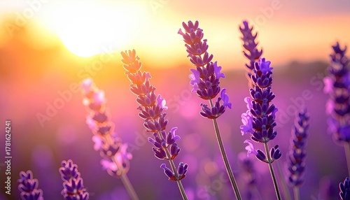 Lavender Field At Sunset With Soft Golden Light And Purple Hues
