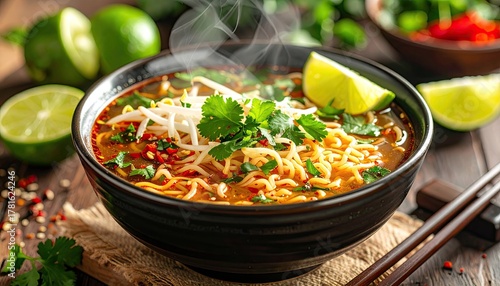 Steaming bowl of spicy Asian noodle soup with fresh lime cilantro and bean sprouts on a rustic wooden table with chopsticks