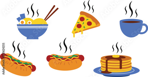 Pixel Art Fast Food Assortment Ramen Pizza Hot Dog Pancakes and Coffee With Steam Effect