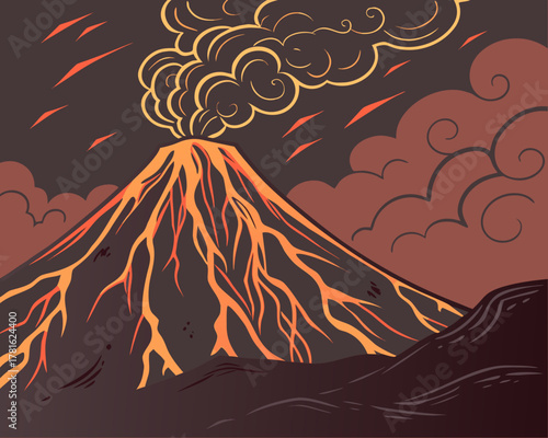Volcano eruption with lava and smoke in the night illustration design