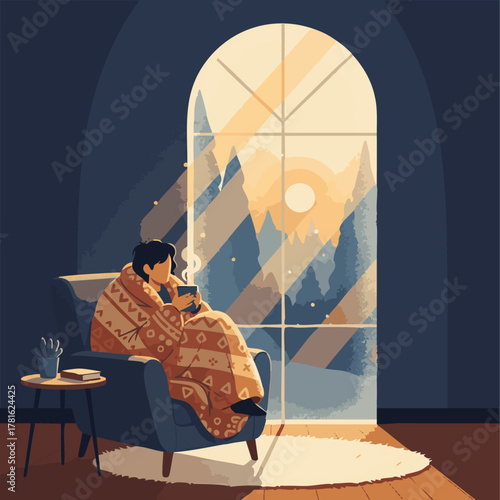 Morning Ritual by the Window

Flat vector illustration of a person sitting near a frosted window wrapped in a blanket