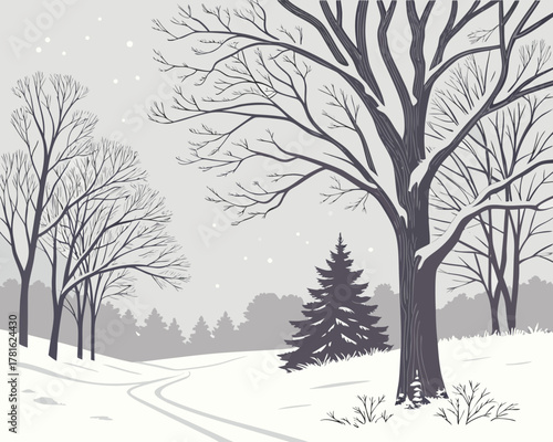 Winter landscape with snowy road and trees in grayscale illustration