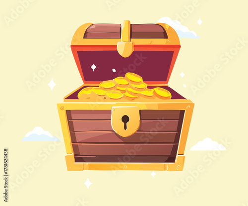 Illustration of a wooden treasure chest filled with glowing gold coins and gems, adventure and wealth game asset design