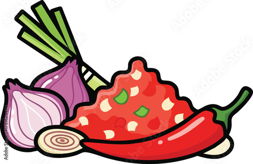 Pixel Art Spicy Red Sauce With Red Onion Lemongrass And Red Chili Pepper